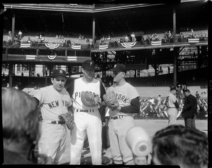 Yogi Berra, Dick Stuart and Roger Maris before Game 1 of the 1960 World Series.