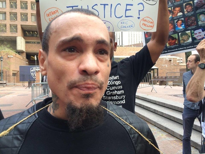 Joshua Lopez outside One Police Plaza. His uncle, John Collado, was killed by an undercover police officer.