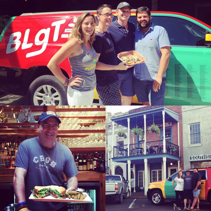 Caption: TOP: Taryn Miller-Stevens (Co-Founder, BLgT USA), Kris Swift (Creative Director, Jacoby’s), Adam Jacoby (Owner, Jacoby’s), Peter Stolarski (Co-Founder, BLgT USA) at Jacoby’s Restaurant & Mercantile (Austin, TX) BOTTOM: With Chef John Currence at City Grocery (Oxford, MS)