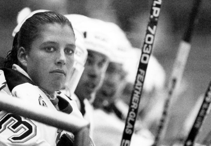 Manon Rhéaume on the bench of her first NHL exhibition game, watching as her team took on the St. Louis Blues on Sept 23, 1992.