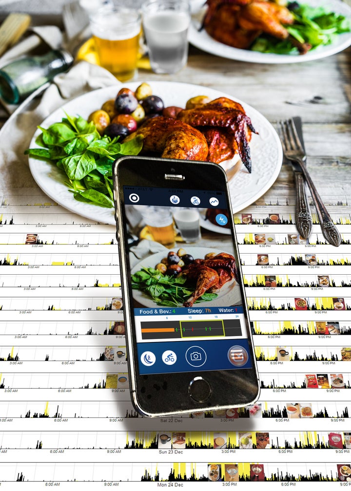 A photo of the MyCircadianClock app alongside a plate of food.