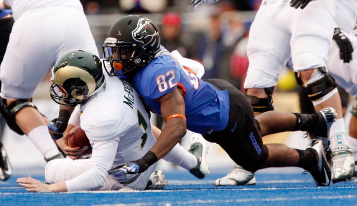 Samuel Ukwuachu, No. 82, then of Boise State University, was found guilty of criminal sexual assault after he transferred to Baylor University. At Boise State, he was accused of intimate partner violence.