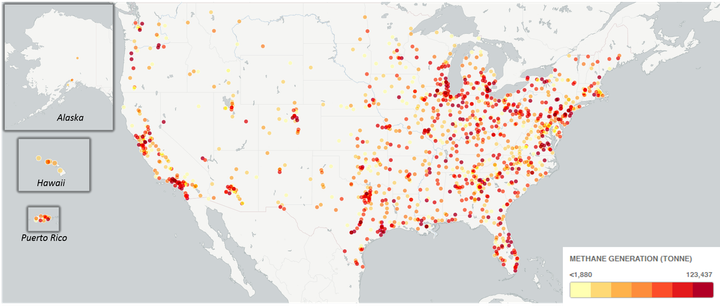 Map showing a gradient of methane generation at landfills in the U.S.