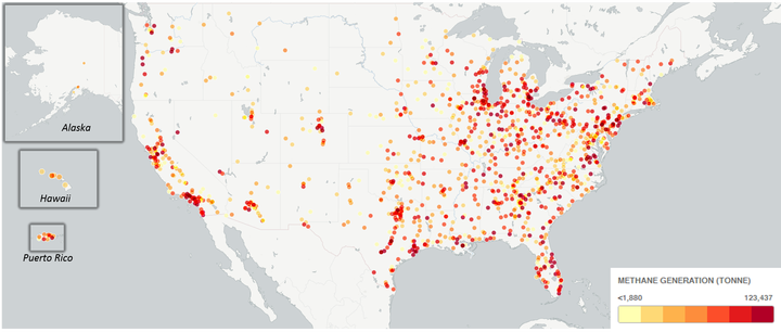 Map showing a gradient of methane generation at landfills in the U.S.