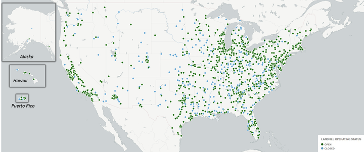 Map showing locations of landfills across the U.S.