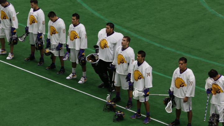 The Iroquois Nationals line up for the national anthems before their match against the US.