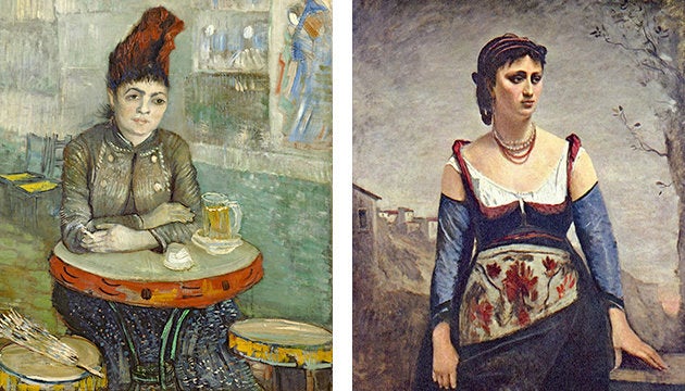 Left: Vincent van Gogh, "Agostina Segatori Sitting in the Café du Tambourin," 1887-1888. Right: Jean-Baptiste-Camille Corot, "Agostina, the Italian," 1886.