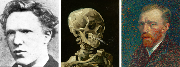Left: <a href="https://en.wikipedia.org/wiki/Vincent_van_Gogh#/media/File:VincentVanGoghFoto.jpg" role="link" class=" js-entry-link cet-external-link" data-vars-item-name="1873" data-vars-item-type="text" data-vars-unit-name="560076d2e4b00310edf83cd9" data-vars-unit-type="buzz_body" data-vars-target-content-id="https://en.wikipedia.org/wiki/Vincent_van_Gogh#/media/File:VincentVanGoghFoto.jpg" data-vars-target-content-type="url" data-vars-type="web_external_link" data-vars-subunit-name="article_body" data-vars-subunit-type="component" data-vars-position-in-subunit="4">1873</a>. Center: Vincent van Gogh, "Skull of a Skeleton with Burning Cigarette," <a href="https://en.wikipedia.org/wiki/Vincent_van_Gogh#/media/File:Vincent_van_Gogh_-_Head_of_a_skeleton_with_a_burning_cigarette_-_Google_Art_Project.jpg" role="link" class=" js-entry-link cet-external-link" data-vars-item-name="1885-1886" data-vars-item-type="text" data-vars-unit-name="560076d2e4b00310edf83cd9" data-vars-unit-type="buzz_body" data-vars-target-content-id="https://en.wikipedia.org/wiki/Vincent_van_Gogh#/media/File:Vincent_van_Gogh_-_Head_of_a_skeleton_with_a_burning_cigarette_-_Google_Art_Project.jpg" data-vars-target-content-type="url" data-vars-type="web_external_link" data-vars-subunit-name="article_body" data-vars-subunit-type="component" data-vars-position-in-subunit="5">1885-1886</a>. Right: Vincent van Gogh, "Self-Portrait," <a href="https://en.wikipedia.org/wiki/Vincent_van_Gogh#/media/File:Vincent_van_Gogh_-_Self-Portrait_-_Google_Art_Project_(454045).jpg" role="link" class=" js-entry-link cet-external-link" data-vars-item-name="1887" data-vars-item-type="text" data-vars-unit-name="560076d2e4b00310edf83cd9" data-vars-unit-type="buzz_body" data-vars-target-content-id="https://en.wikipedia.org/wiki/Vincent_van_Gogh#/media/File:Vincent_van_Gogh_-_Self-Portrait_-_Google_Art_Project_(454045).jpg" data-vars-target-content-type="url" data-vars-type="web_external_link" data-vars-subunit-name="article_body" data-vars-subunit-type="component" data-vars-position-in-subunit="6">1887</a>.