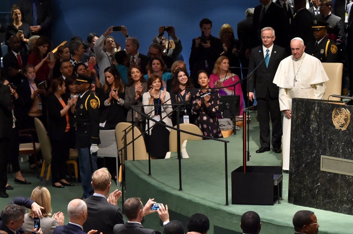 Pope Francis addresses the United Nations General Assembly on Sept. 25, 2015 in New York City, telling his audience that "real human beings take precedence over partisan interests."