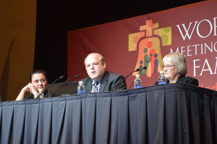 At the World Meeting of Families, Ron Belgau, center, and his mother Beverley Belgau, right, described to a packed room what it was like for them dealing with Ron’s same-sex attraction.
