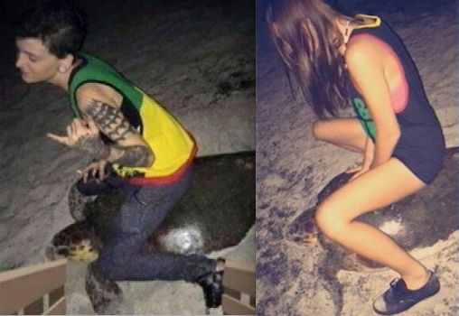 Stephanie Moore, left, was one of two suspects accused of riding a sea turtle in July after this photo appeared on Facebook.