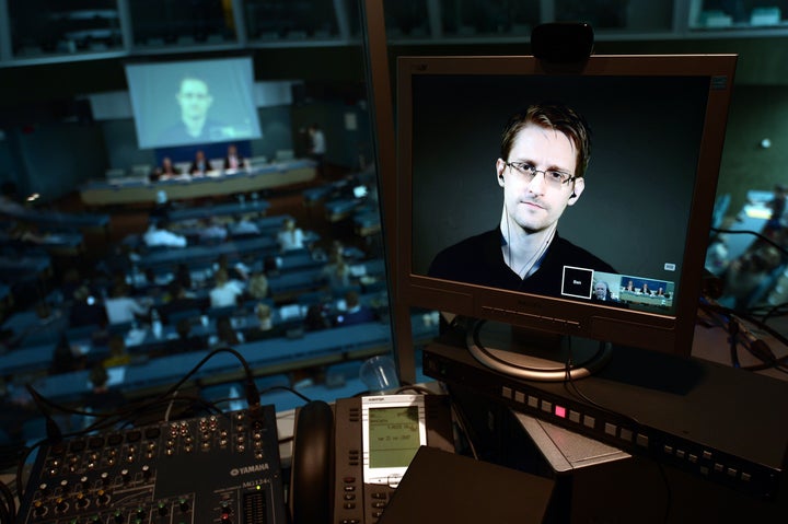 Snowden is seen via live video from Russia during a parliamentary hearing on the subject of 'Improving the protection of whistleblowers.'