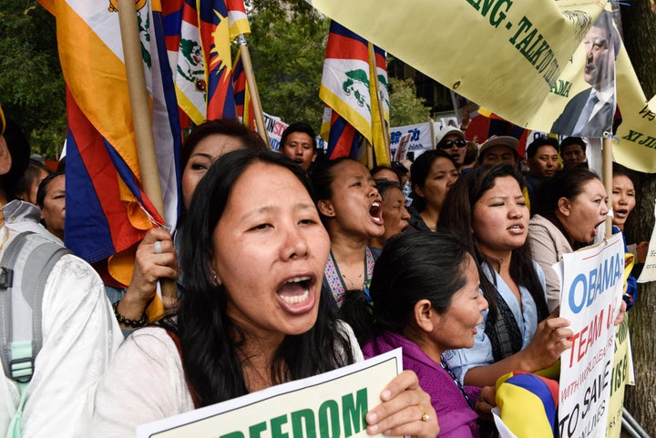 Protesters call for freedom of speech in Tibet outside United Nations Headquarters in New York during the General Assembly meeting.