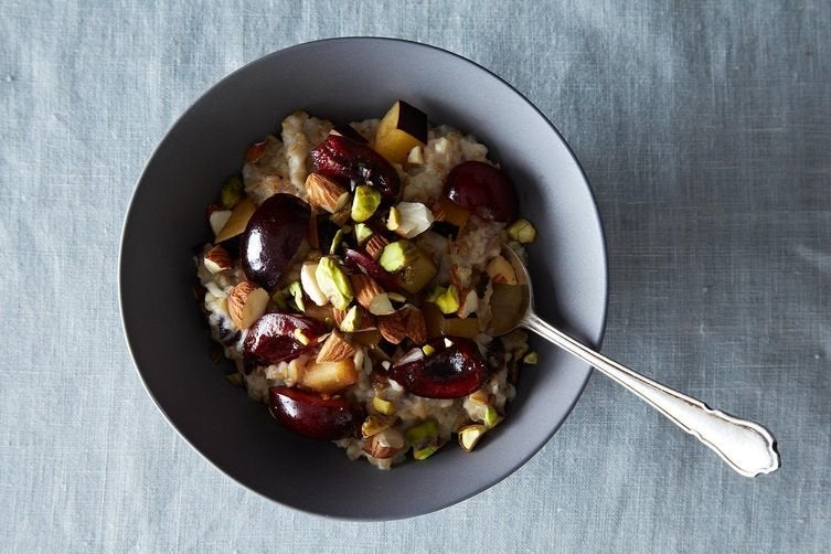 Whole Oat Groats with Cherries, Plums, Pistachios & Homemade Almond Milk