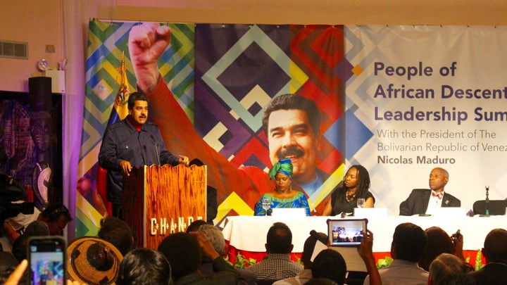 Venezuelan President Nicolás Maduro spoke on Sept. 28, 2015, at the Harlem National Theatre, urging the audience to "replace the dictatorship of capital."