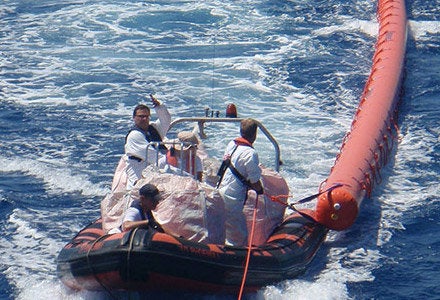 Rescue operators tow a CentiFloat in Aug. 2015. The tube-shaped, inflatable rubber float is being dispatched to agencies and coast guards around the Mediterranean to help save migrants and refugees in danger of drowning.