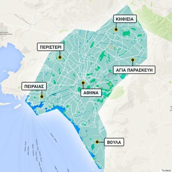 A map, in Greek, showing the areas that will be serviced by Taxibeat on Wednesday. 