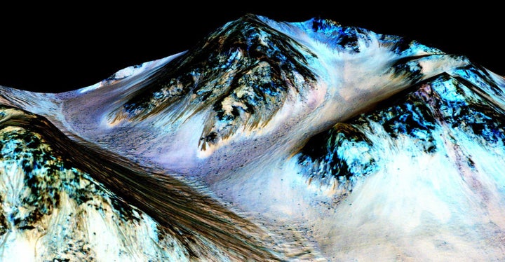 The dark streaks in this image are known as "recurring slope lineae" on the surface of Mars, and they are believed to be evid