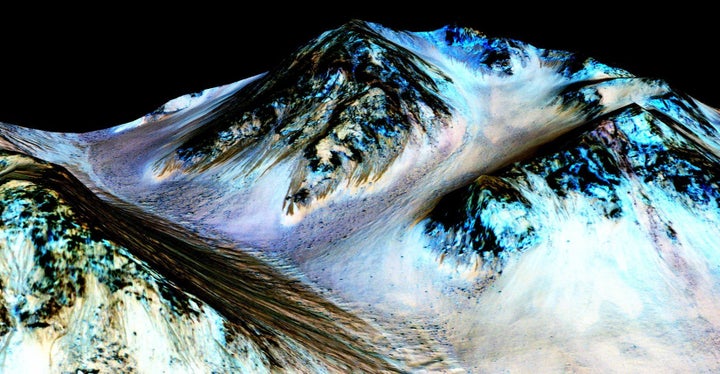 The dark streaks in this image are known as "recurring slope lineae" on the surface of Mars, and they are believed to be evidence of flowing water.