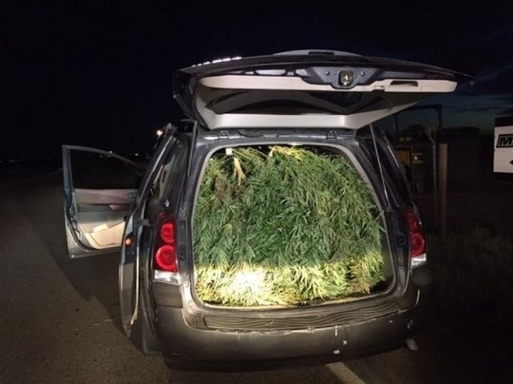 A minivan full of marijuana is seen after three suspects fled after being pulled over by a police officer in Pleasant Grove,