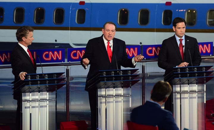 Former Arkansas Gov. Mike Huckabee (center) at the Sept. 16 GOP presidential debate in Simi Valley, California.