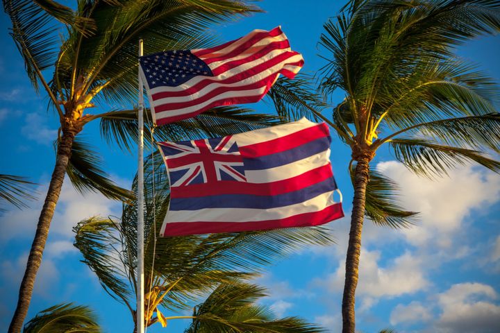 A U.S. flag and a Hawaii state flag fly together.