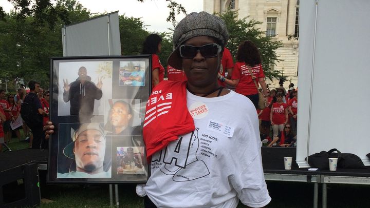 Margaret Eaddy holds up photos of her late son, Jonathan.