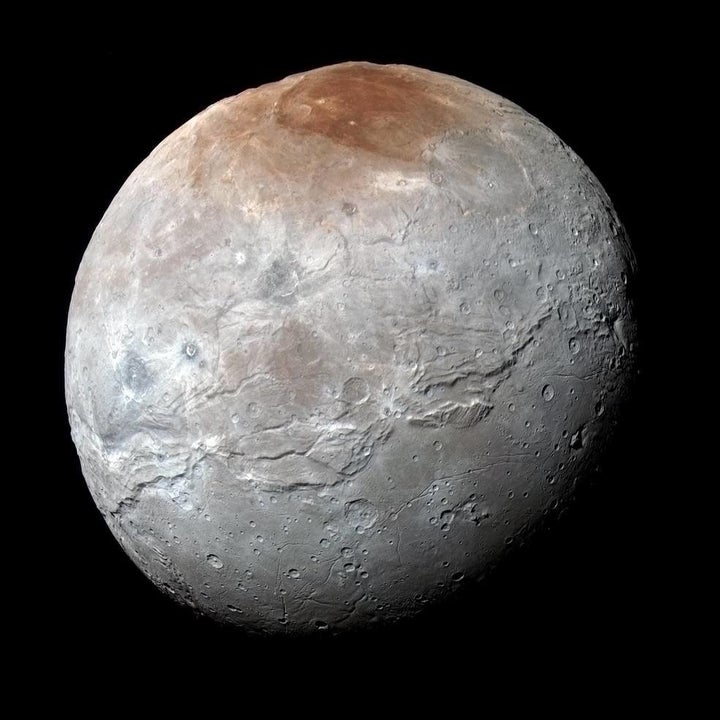 This image of Charon was captured by NASA's New Horizons spacecraft on July 14, 2015. The colors have been processed to highlight Charon's varied surfaces. Charon is 754 miles across. This image resolves details as small as 1.8 miles.