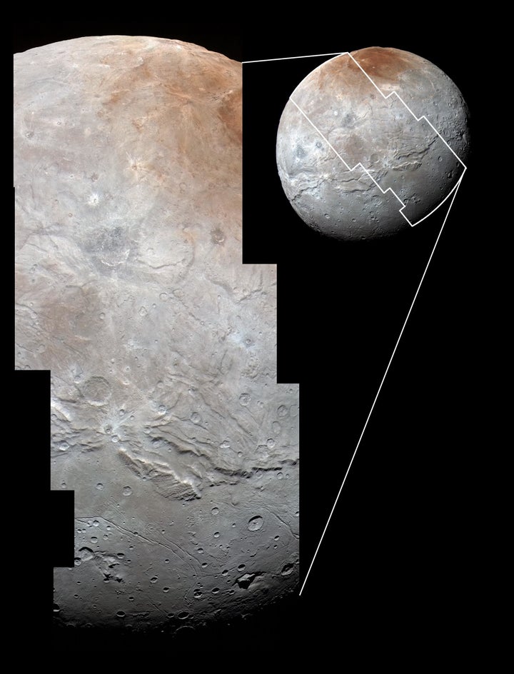 High-resolution images of Charon were taken by NASA's New Horizons spacecraft on July 14, 2015, and overlaid with enhanced color. Charon's cratered uplands at the top are broken by series of canyons, and replaced on the bottom by the rolling plains of the informally named Vulcan Planum. The scene covers Charon's width of 754 miles and resolves details as small as 0.5 mile.