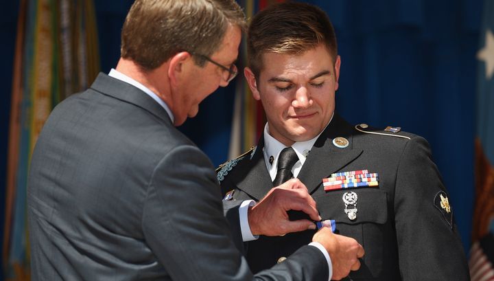 Oregon Army National Guardsman specialist Alek Skarlatos received the Soldier's Medal for helping to stop a gunman on a Paris-bound train in August. On Thursday, he wished he'd been home in Oregon for the Umpqua shooting.
