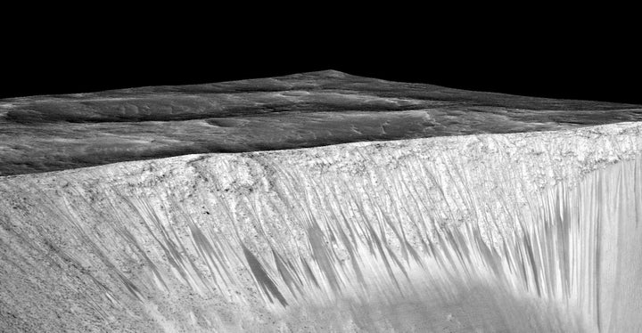 Dark, narrow streaks on the slopes of Garni Crater are inferred to be formed by the seasonal flow of water on the surface of present-day Mars.