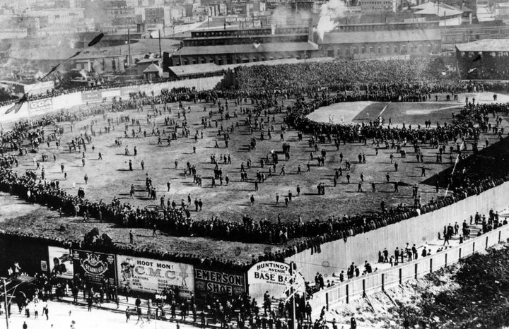 On Oct. 1, 1903, the crowd poured onto the field at Huntington Avenue Grounds in Boston following the opening game of the 1903 World Series.