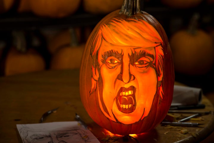 The finished carving of Donald Trump in a pumpkin, what we're just going to call a "Trumpkin," took about an hour and a half -- carver Hugh McMahon illuminates most of his pumpkins with lightbulbs, rather than candles, for a more even glow.