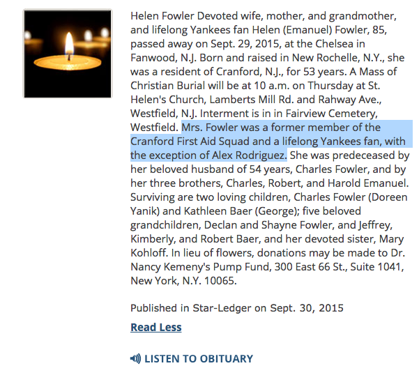 85YearOld Yankees Fan Throws Major Shade At ARod In Obituary