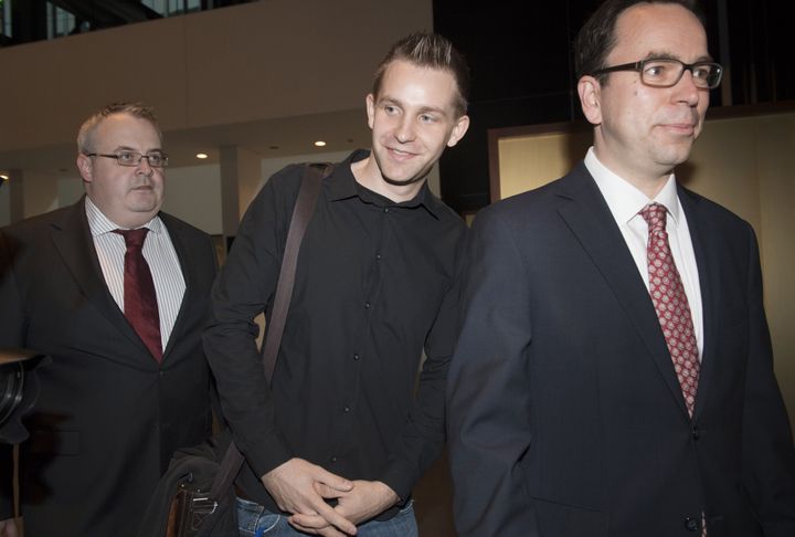 Max Schrems arrives with his lawyer Herwig Hofmann at the European Court of Justice in Luxembourg on Oct. 6, 2015.