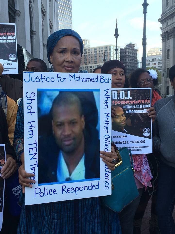Hawa Bah, mother of Mohamed Bah, leads a rally on Oct. 7, 2015, in lower Manhattan, calling on the Department of Justice to file civil rights charges against the NYPD officers who shot and killed her son Sept. 25, 2012.