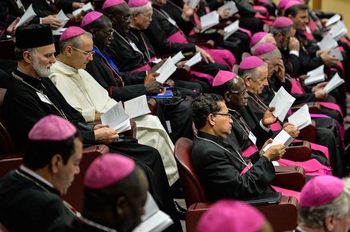 Bishops attend the second morning session of the Synod on the Family at the Vatican on October 6, 2015. 