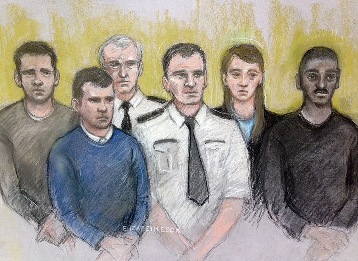 Court artist sketch by Elizabeth Cook of (left to right back row) Nathan Matthews, a dock officer, Shauna Hoare (front row left to right) James Ireland, dock officer and Donovan Demetrius at Bristol Crown Court where they are on trial in connection with the murder of Becky Watts.