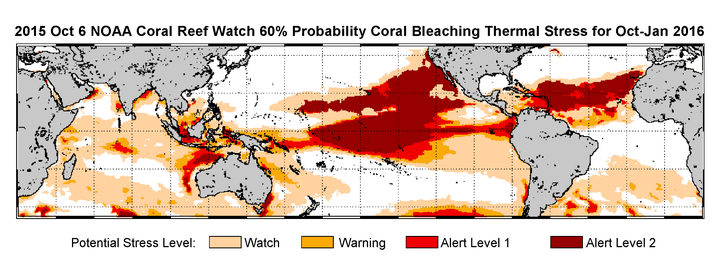 NOAA's standard 4-month bleaching outlook showing threat of bleaching continuing in the Caribbean, Hawaii and Kiribati, and perhaps expanding into the Republic of the Marshall Islands, from October 2015 to January 2016.