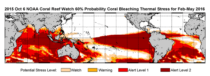 An extended bleaching outlook showing the threat of bleaching expected in Kiribati, the Galapagos, the South Pacific -- especially east of the dateline and perhaps affecting Polynesia -- and most coral reef regions in the Indian Ocean, from February to May 2016.