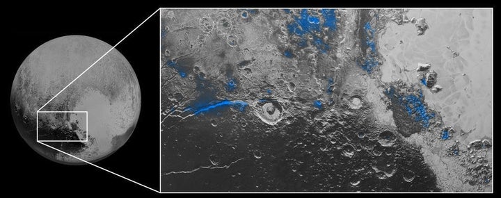 Regions with exposed water ice are highlighted in blue in this composite image from the New Horizons spacecraft. It combines visible imagery with infrared spectroscopy. The strongest signatures of water ice occur along Virgil Fossa, just west of Elliot crater on the left side of the inset image, and also in Viking Terra near the top of the frame. A major outcrop also occurs in Baré Montes towards the right of the image, along with numerous smaller outcrops, mostly associated with impact craters and valleys between mountains. The scene is approximately 280 miles (450 kilometers) across. Note that all surface feature names are informal.