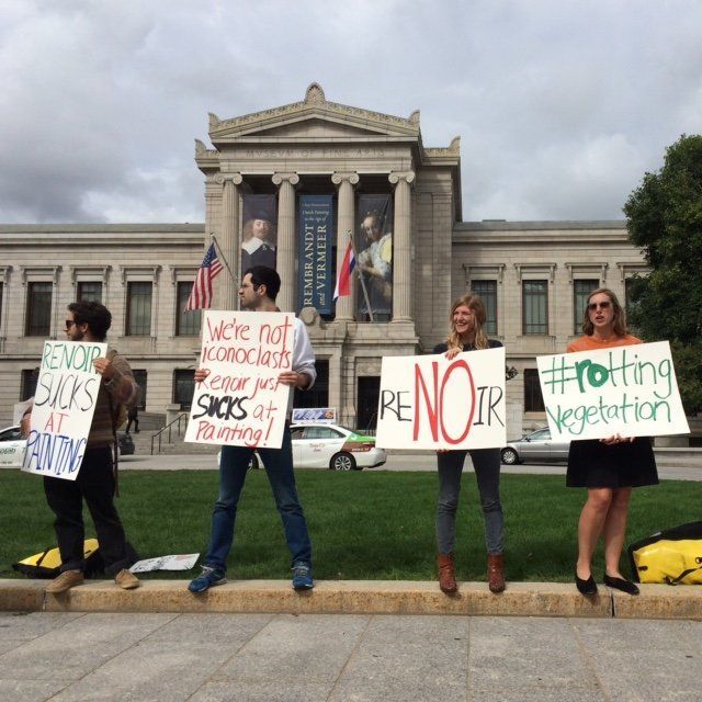 Geller leads a protest outside the MFA in Boston.