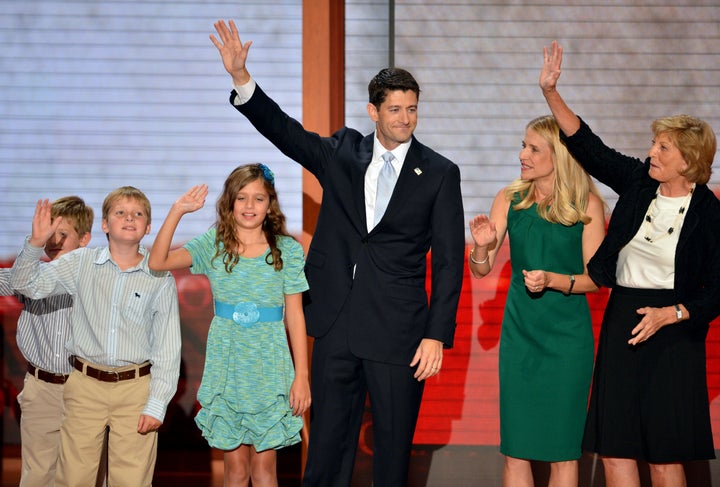 Republican vice presidential nominee Paul Ryan (C) with his wife Janna Ryan (2nd R), mother Betty Douglas (R) and children Sam, Charlie and Liza wave after Ryan's speech at the Tampa Bay Times Forum in Tampa, Florida, on August 29, 2012 during the Republican National Convention.