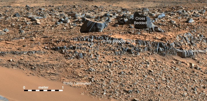 This image from the Curiosity rover shows a lakebed deposit, with river- and stream-related deposits nearby. The strata in the foreground dip toward the base of Mount Sharp, indicating the ancient depression that existed before the larger bulk of the mountain formed.