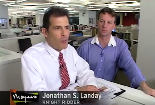 Reporters Jonathan Landay and Warren Strobel appear in Bill Moyers' 2007 documentary on pre-Iraq invasion coverage, <a href="https://www.youtube.com/watch?v=pRuPx89CT_4" role="link" class=" js-entry-link cet-external-link" data-vars-item-name=""Buying the War."" data-vars-item-type="text" data-vars-unit-name="5617cbf9e4b0082030a20b20" data-vars-unit-type="buzz_body" data-vars-target-content-id="https://www.youtube.com/watch?v=pRuPx89CT_4" data-vars-target-content-type="url" data-vars-type="web_external_link" data-vars-subunit-name="article_body" data-vars-subunit-type="component" data-vars-position-in-subunit="4">"Buying the War."</a>
