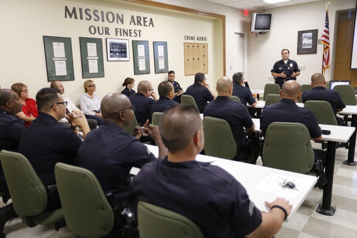 LAPD officers at a training session to learn how their department will use body cameras on Aug. 31, 2015.