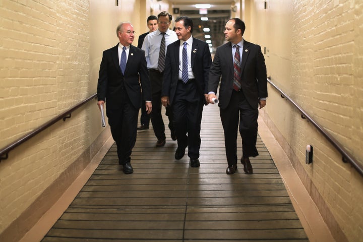 WASHINGTON, DC - OCTOBER 09: Rep. Tom Price (R-GA) (L) and members of the Freedom Caucus (3rd L-R) Rep. Dave Brat (R-VA), Rep. Gary Palmer (R-AL) and Rep. Marlin Stutzman (R-IN) head for a House Republican caucus meeting in the basement of the U.S. Capitol October 9, 2015 in Washington, DC. Speaker of the House John Boehner's (R-OH) plans to retire at the end of October have been thrown into question after Majority Leader Kevin McCarthy (R-CA) announced Thursday he was pulling out of the race for Speaker.