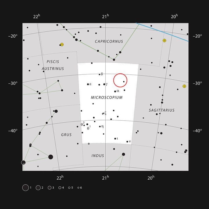 This chart shows the location of the nearby star AU Microscopii in the faint southern constellation of Microscopium (The Microscope). Most of the stars visible to the naked eye on a clear dark night are shown. AU Mic is too faint to be seen without a small telescope, but its position is marked with a red circle.
