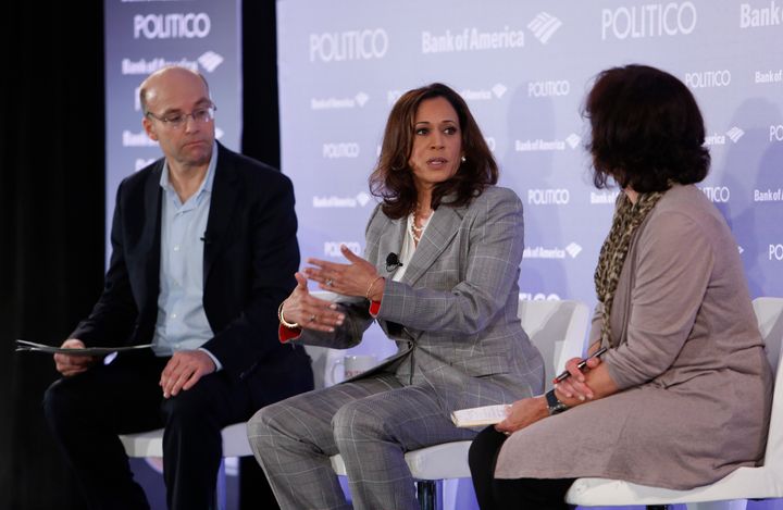 California Attorney General Kamala Harris spoke about gun violence at the Politicon convention in Los Angeles on Friday.