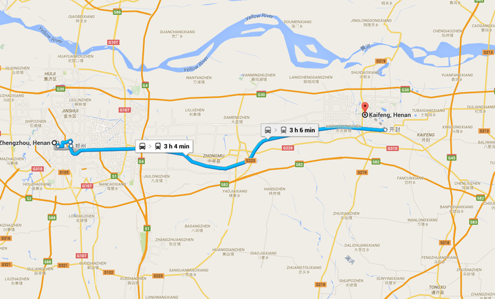 Here's the route Google Maps says buses travel between the Chinese cities of Zhengzhou and Kaifeng.